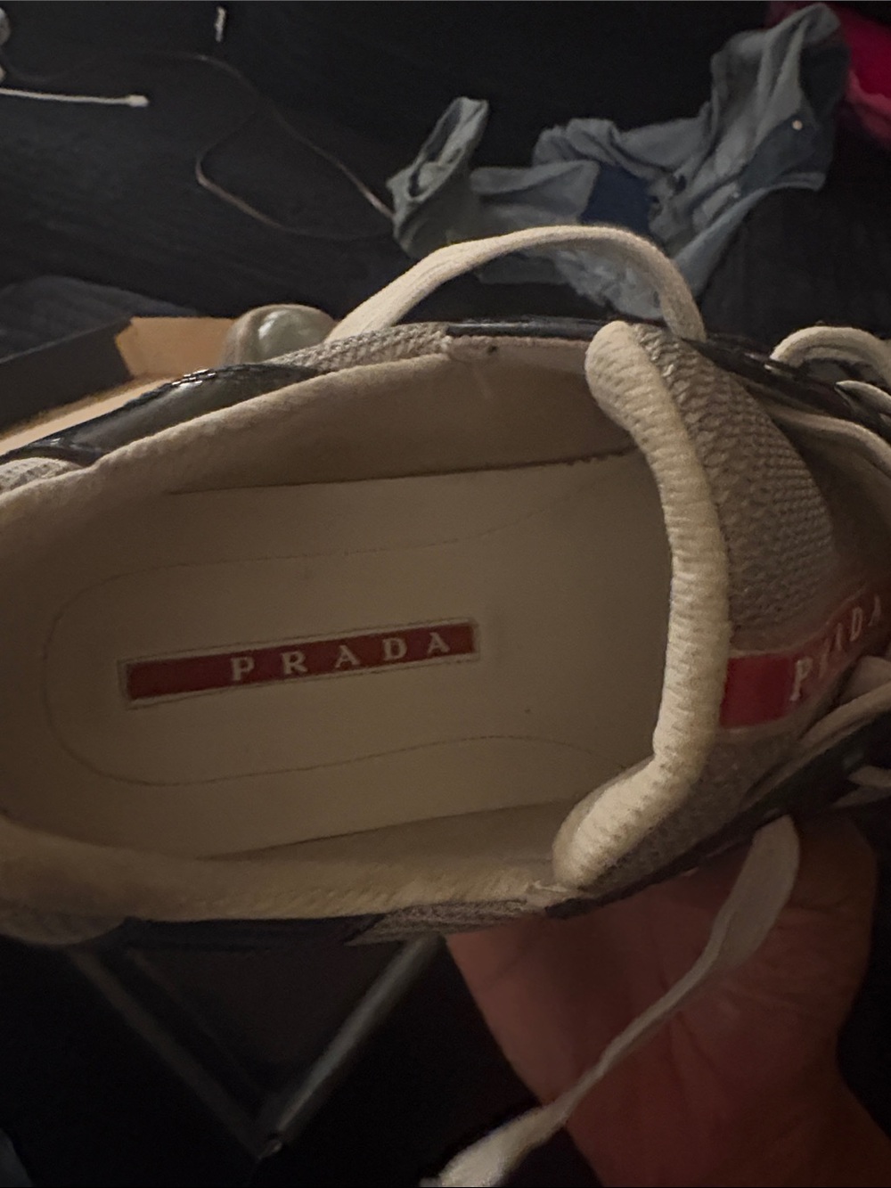 Prada Navy blue Patent & Gray Mesh Sneakers with White Laces and Red Tongue Stri - Picture 4 of 6